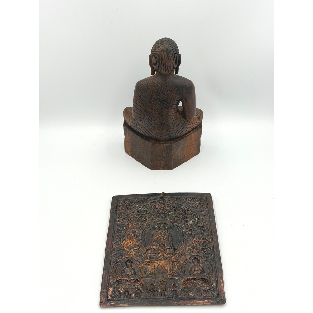 Vintage Carved Wood Buddha Statue & Embossed Metal Wall Plaque Buddhist Decor - Picture 2 of 15